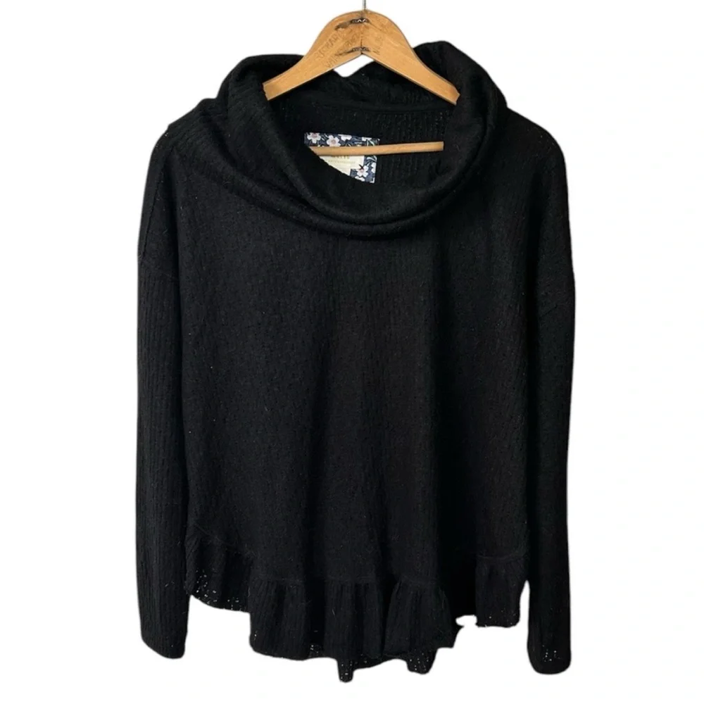 Anthropologie Maeve | Women’s Black Cowl Neck Long Sleeve Ruffle Hem Sweater, S